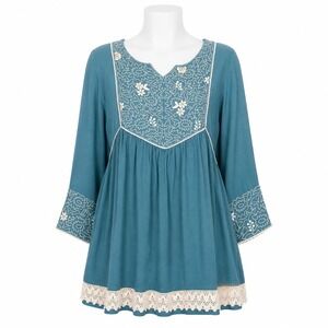Nalli Tunic‎ Top Women Large Teal Blue Boho Embroidered Lace Trim Peasant Casual